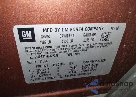 2021 Chevrolet Trailblazer Fwd Lt z USA, uszkodzony, nr VIN KL79MPS21MB123378